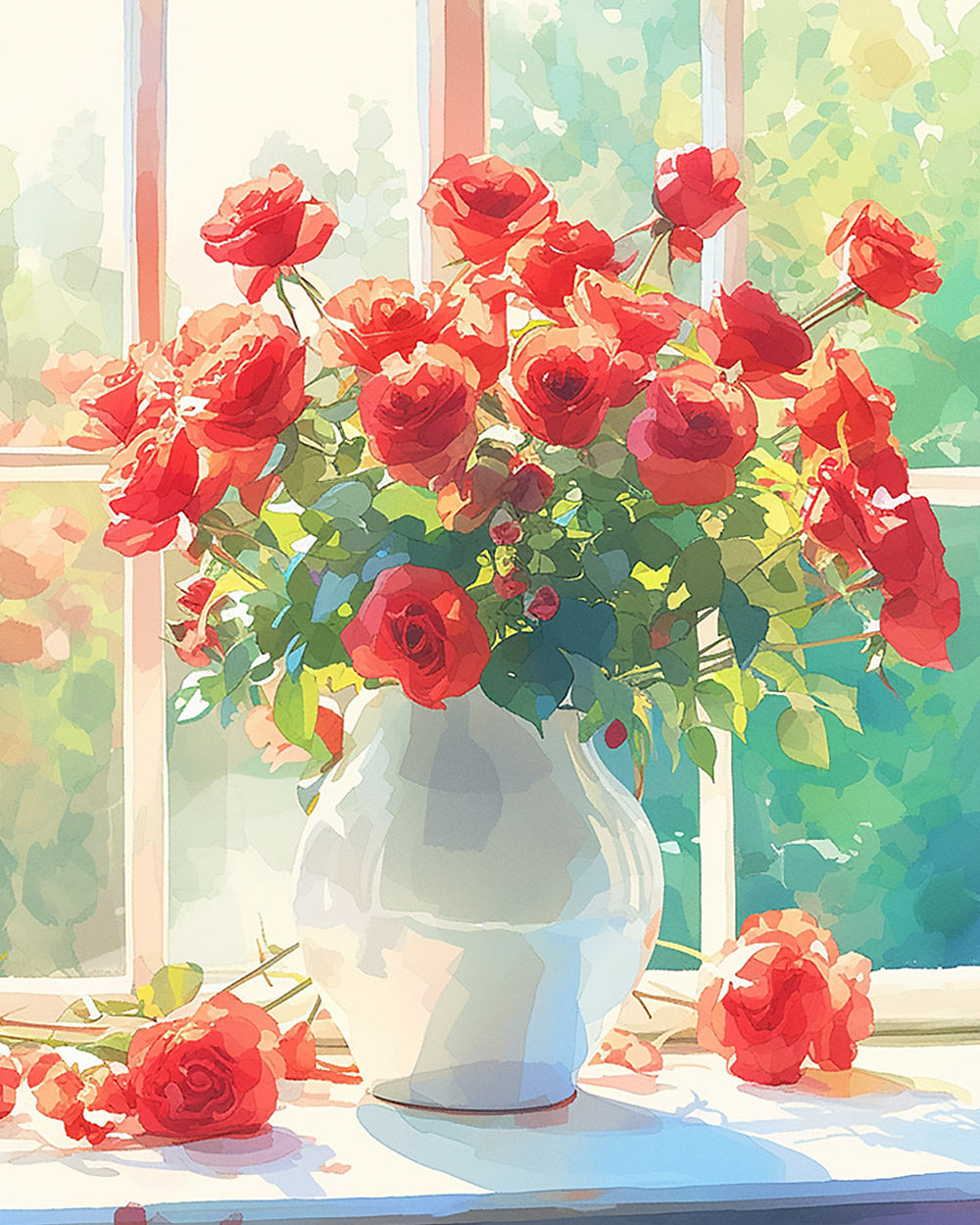 Red roses in a white vase by window cross stitch kit for beginners