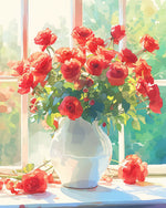 Red roses in a white vase by window cross stitch kit for beginners