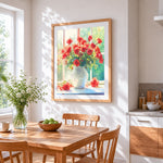 Red roses in a white vase by window cross stitch artwork displayed on wall as home decor