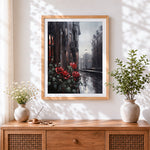Finished red roses on a rainy street cross stitch artwork displayed