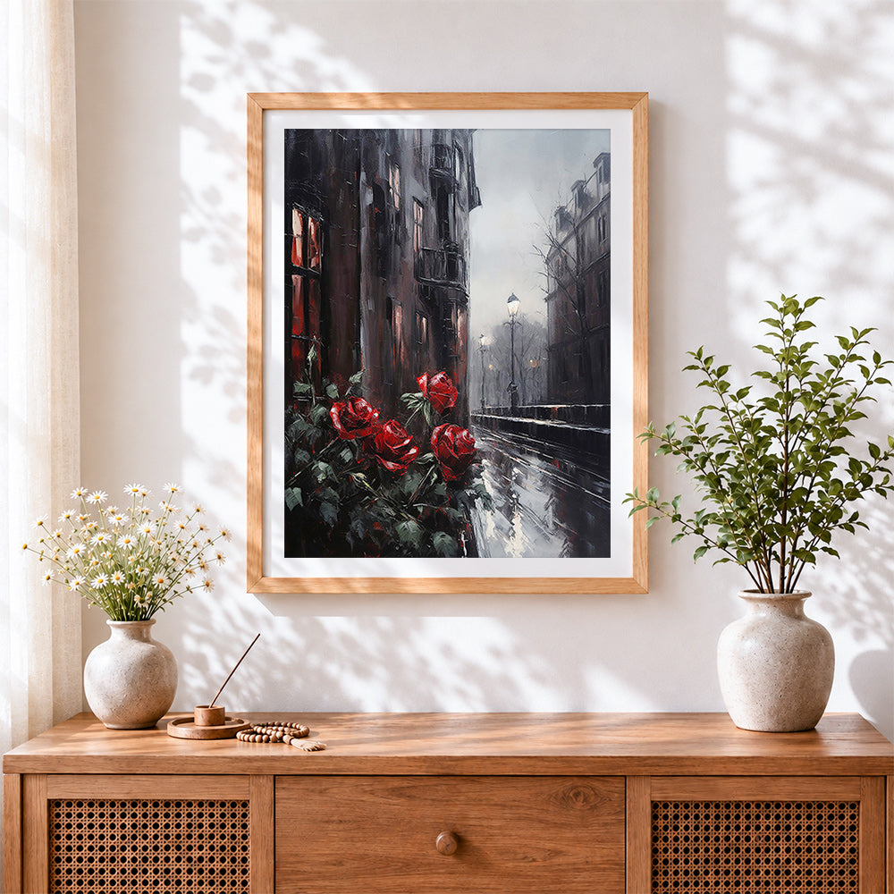 Finished red roses on a rainy street cross stitch artwork displayed