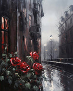 Red roses on a rainy street cross stitch kit for beginners