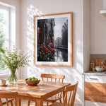 Red roses on a rainy street cross stitch artwork displayed on wall as home decor
