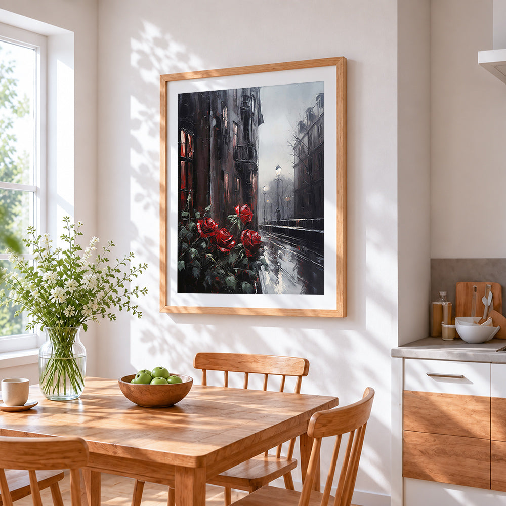 Red roses on a rainy street cross stitch artwork displayed on wall as home decor