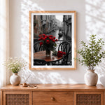 Finished red roses on a venice cafe table cross stitch artwork displayed
