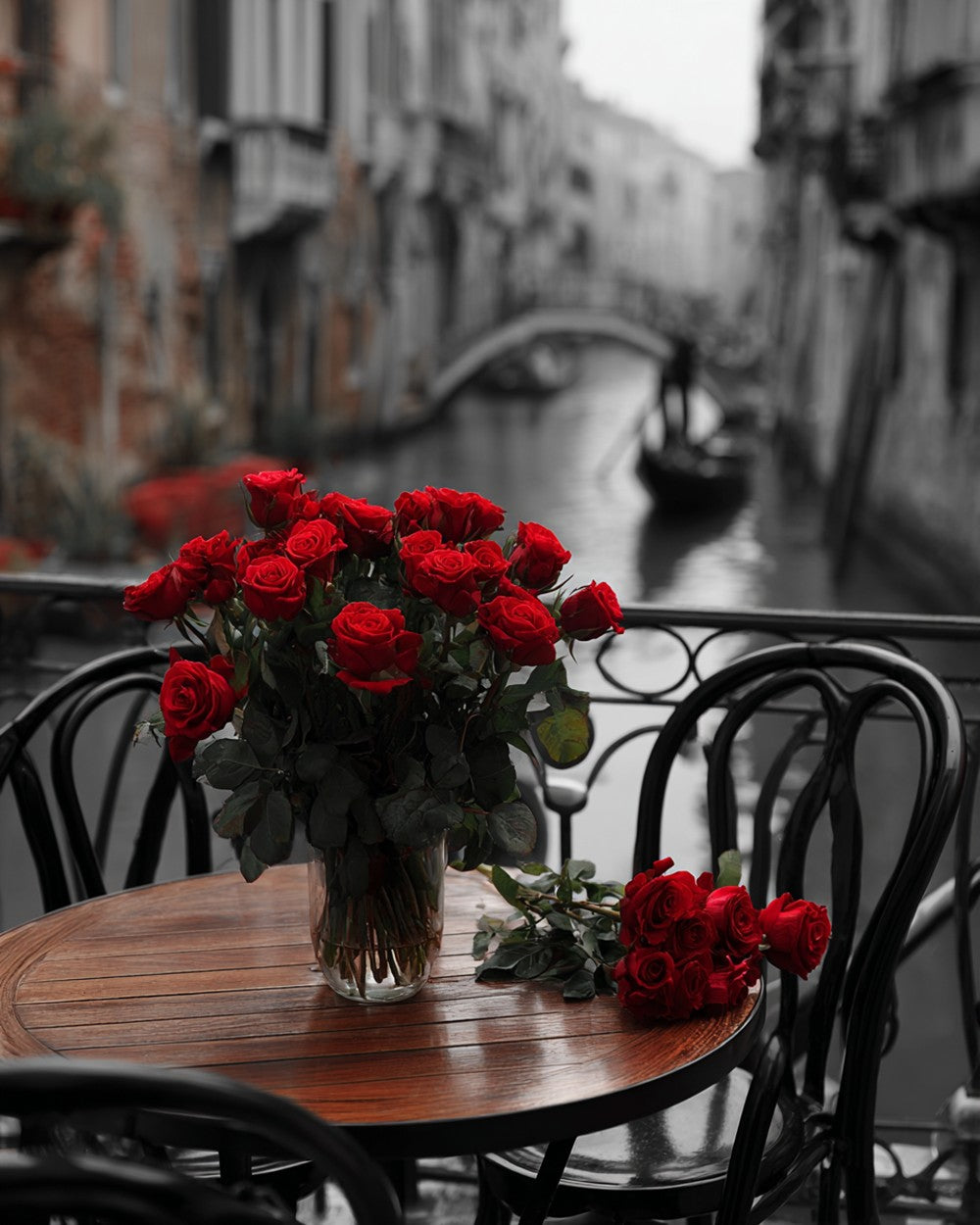 Red roses on a venice cafe table cross stitch kit for beginners