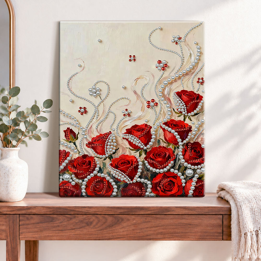 Finished red roses with pearls pearl diamond painting artwork displayed as home decor