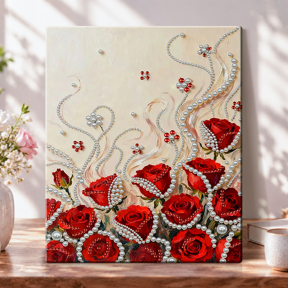 Red roses with pearls pearl diamond painting kit for beginners