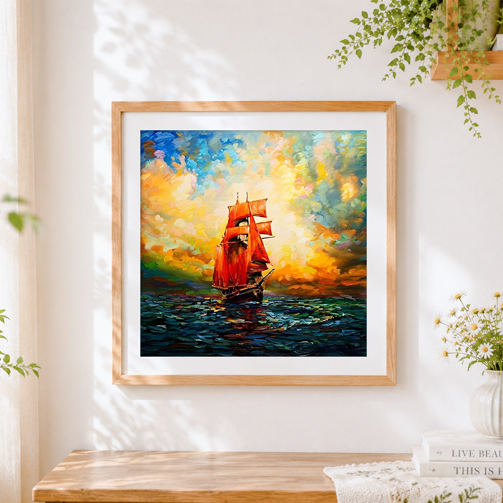 Finished red sails at sunset cross stitch artwork displayed