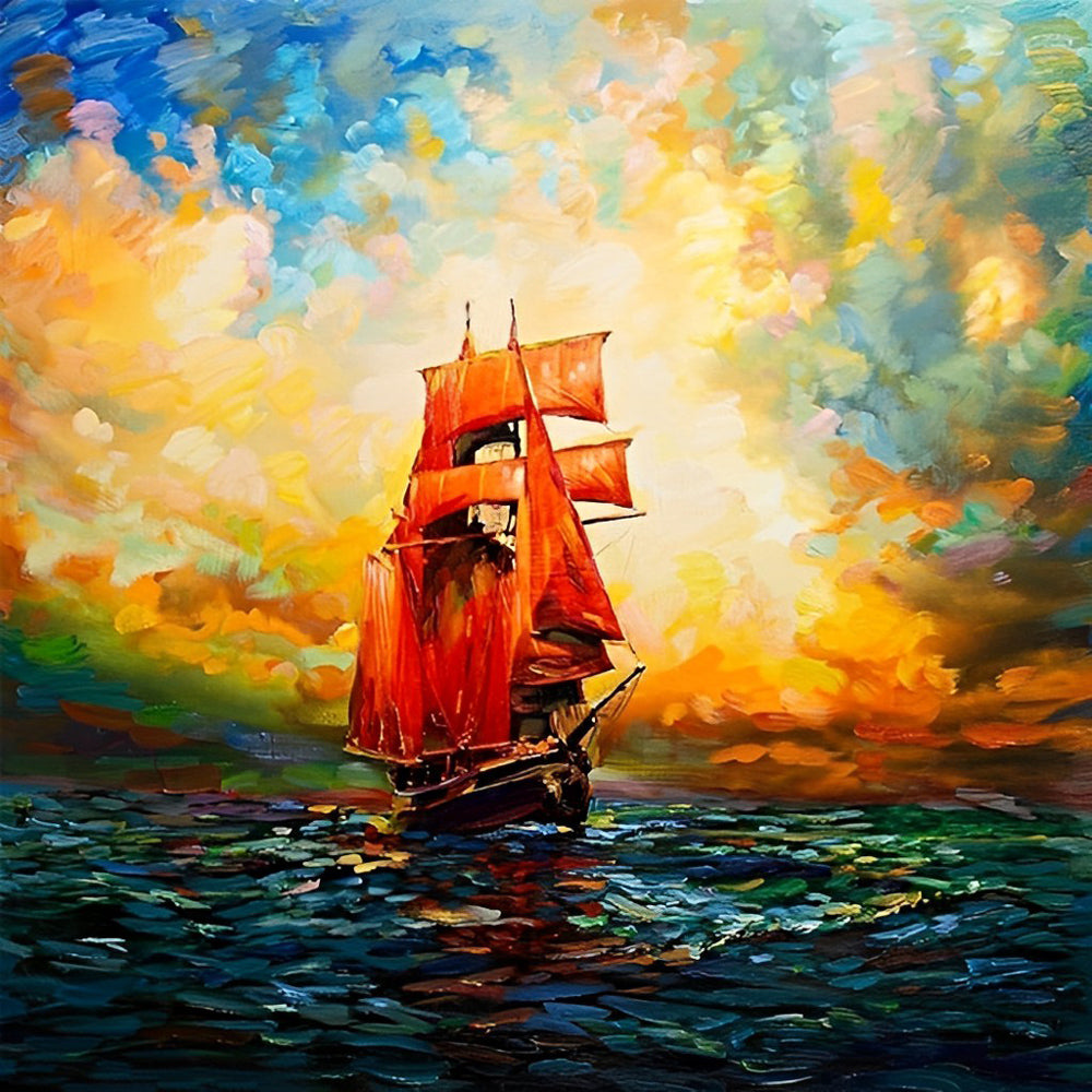Red sails at sunset cross stitch kit for beginners