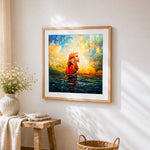 Red sails at sunset cross stitch artwork displayed on wall as home decor