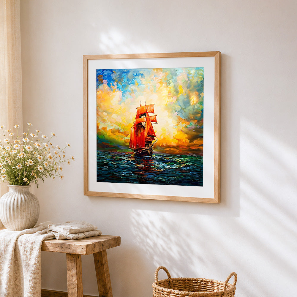 Red sails at sunset cross stitch artwork displayed on wall as home decor