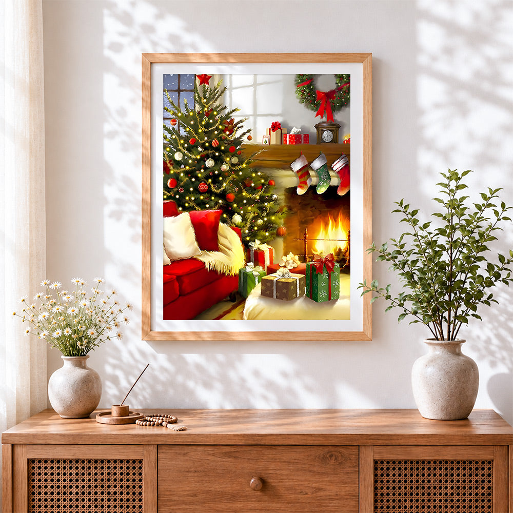 Finished red sofa with presents by the fireplace cross stitch artwork displayed