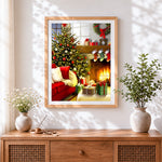 Finished red sofa with presents by the fireplace cross stitch artwork displayed