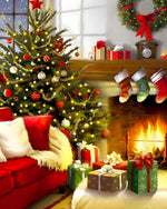 Red sofa with presents by the fireplace cross stitch kit for beginners