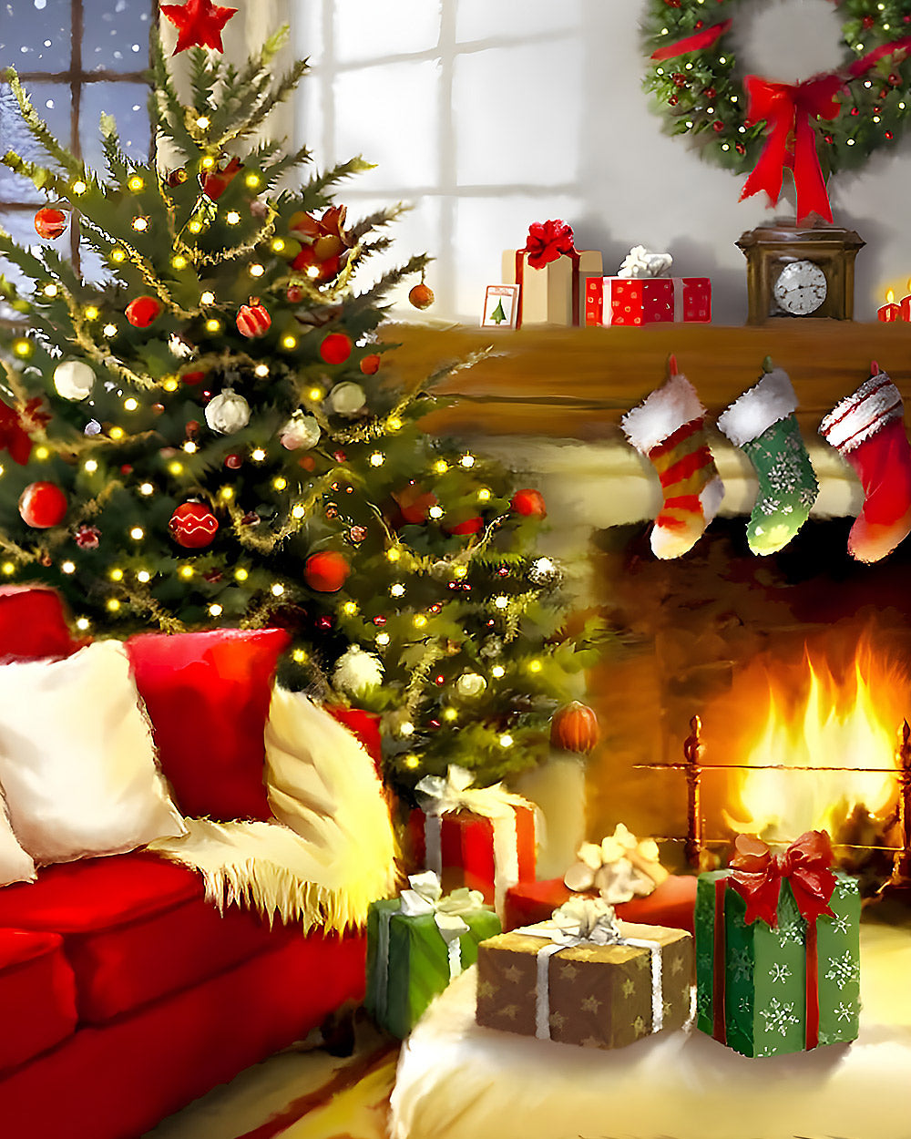 Red sofa with presents by the fireplace cross stitch kit for beginners