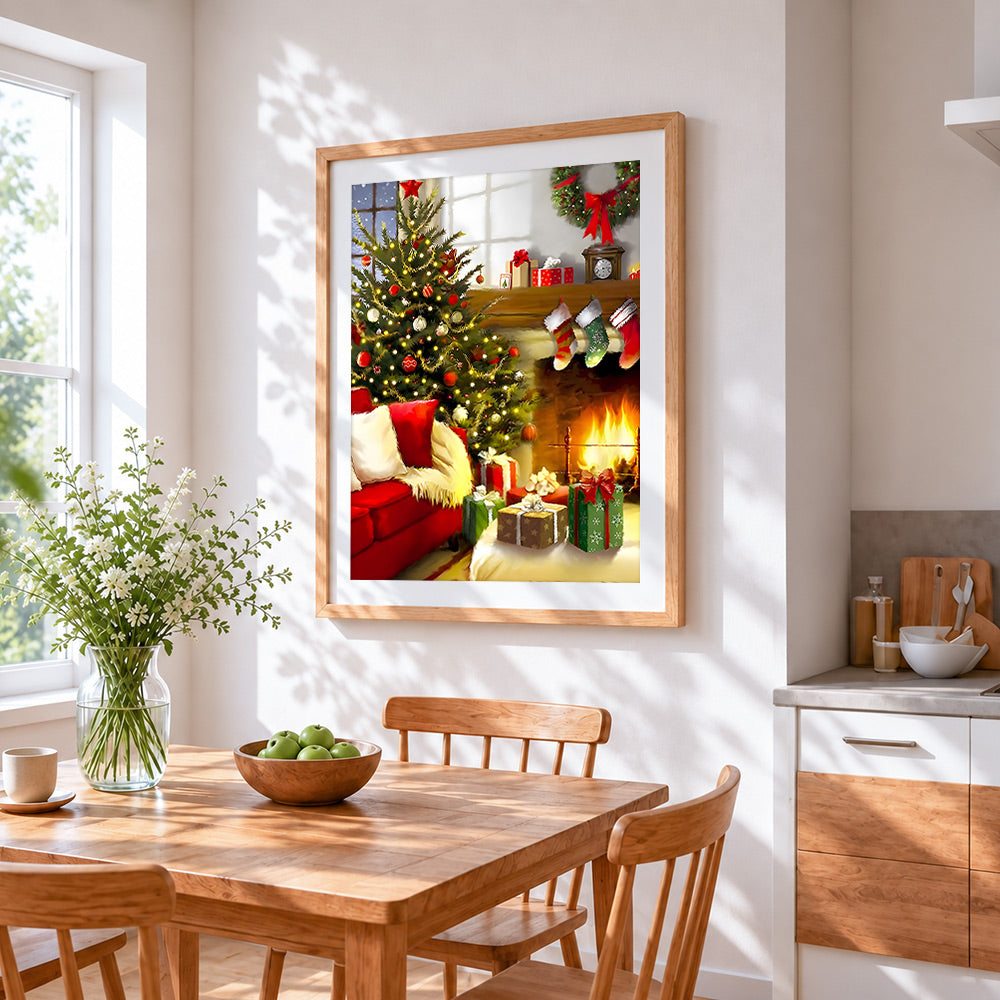 Red sofa with presents by the fireplace cross stitch artwork displayed on wall as home decor