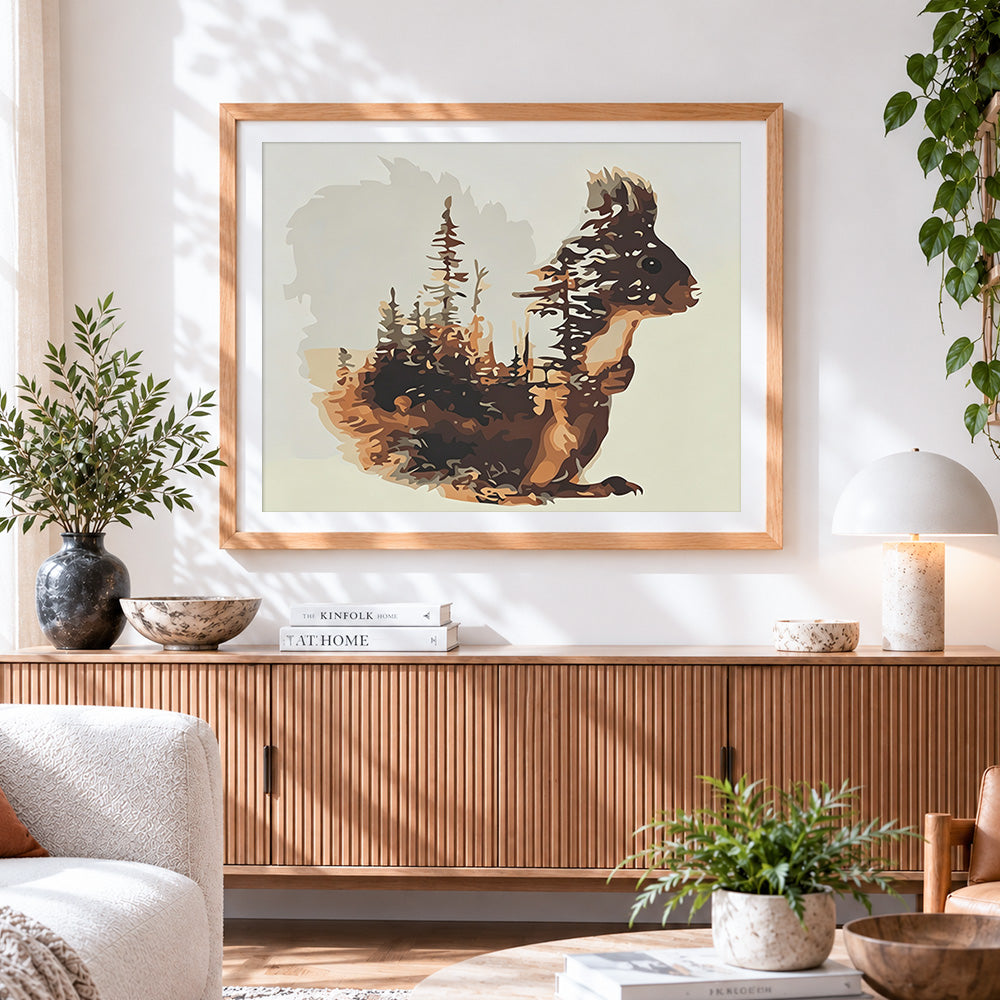 Finished red squirrel and forest double exposure paint by numbers artwork displayed as home decor
