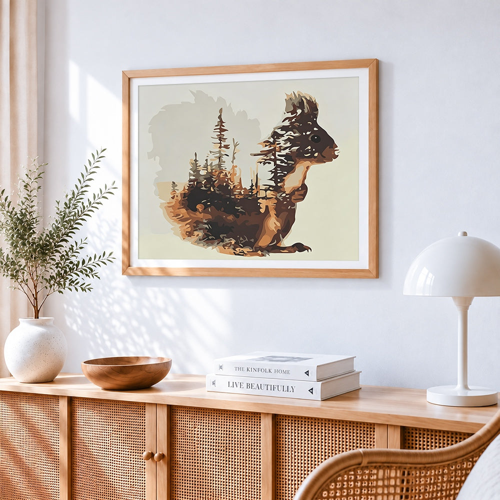 Red squirrel and forest double exposure paint by numbers artwork displayed on wall as home decor