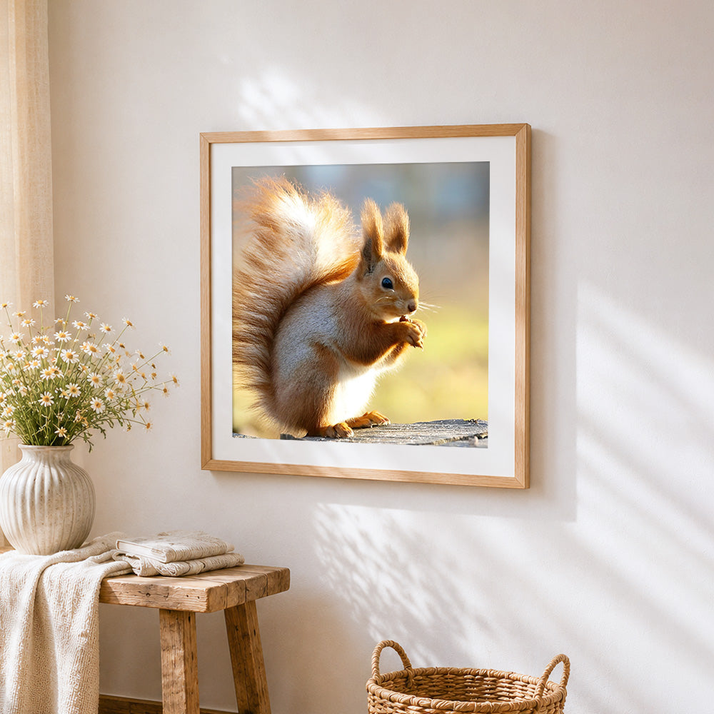 Red squirrel eating a nut cross stitch artwork displayed on wall as home decor