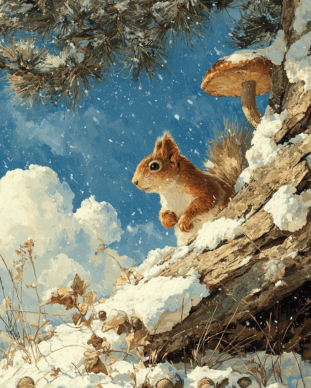 Red squirrel in a snowy winter forest cross stitch kit for beginners