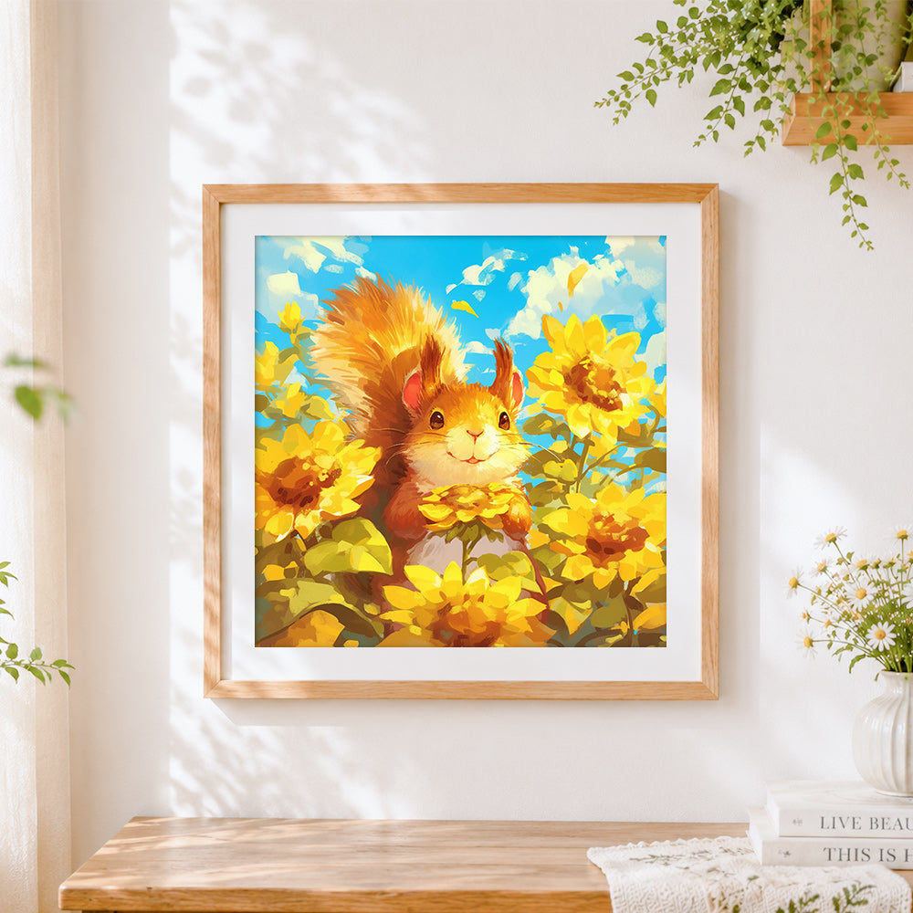 Finished red squirrel in a sunflower field cross stitch artwork displayed