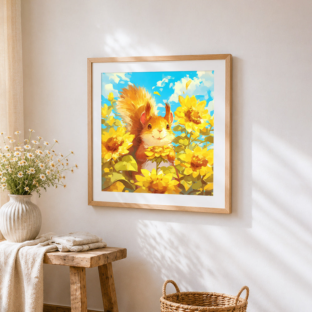 Red squirrel in a sunflower field cross stitch artwork displayed on wall as home decor