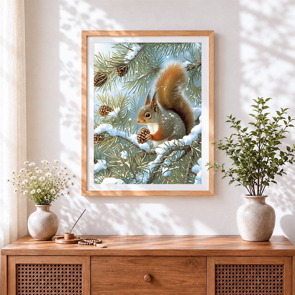 Finished red squirrel with pine cones in snow cross stitch artwork displayed