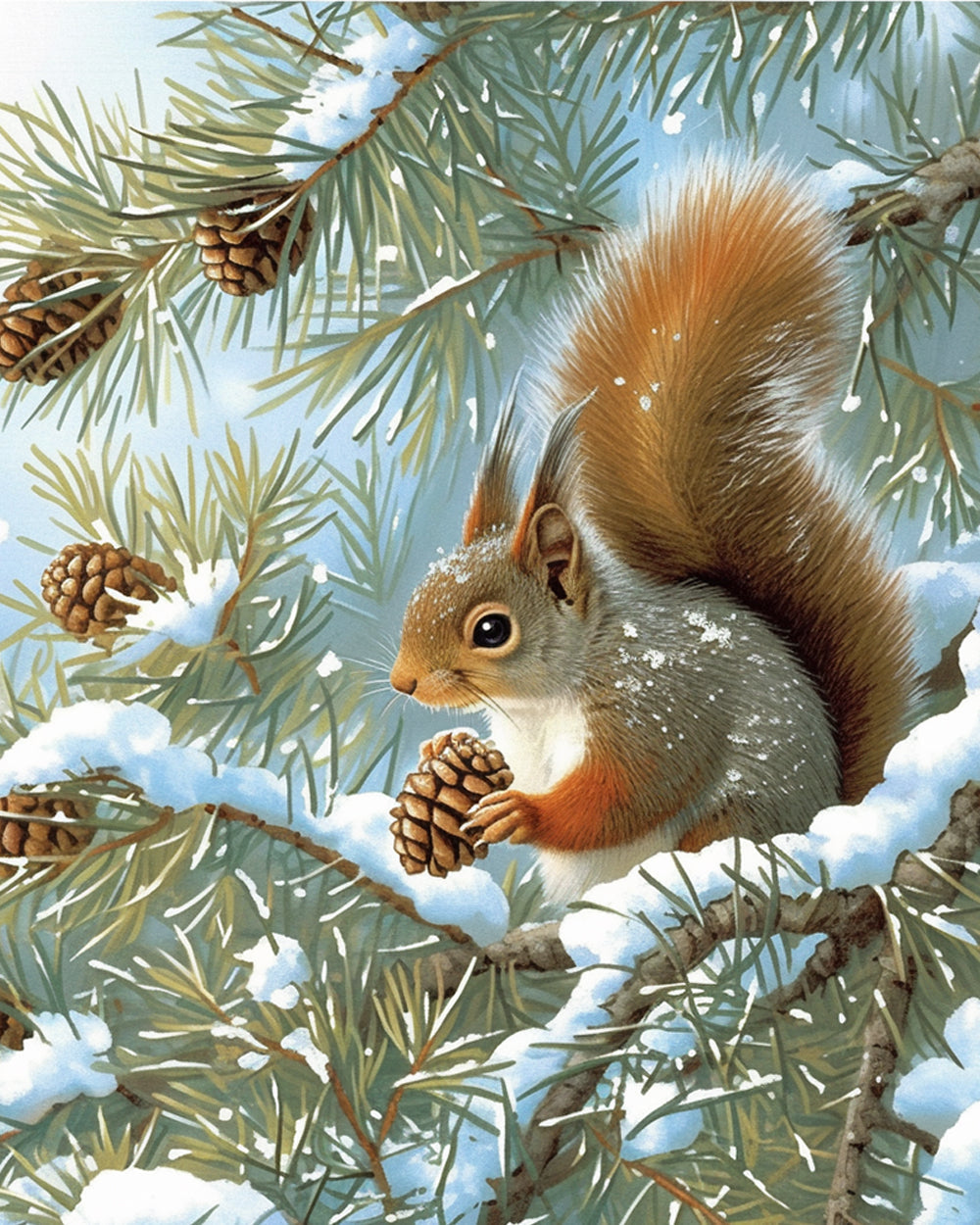 Red squirrel with pine cones in snow cross stitch kit for beginners