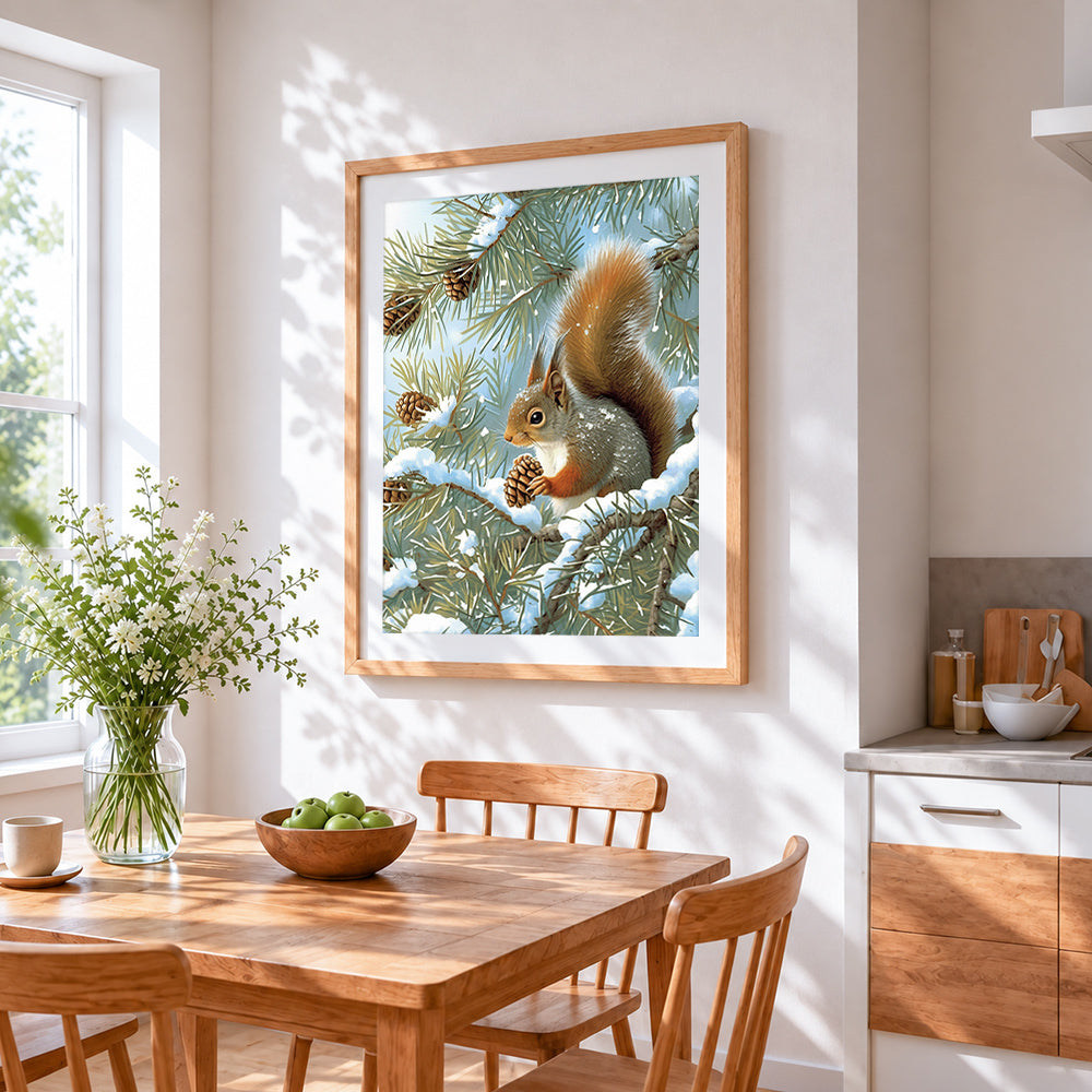 Red squirrel with pine cones in snow cross stitch artwork displayed on wall as home decor