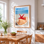 Red starfish and seashell on the beach paint by numbers artwork displayed on wall as home decor