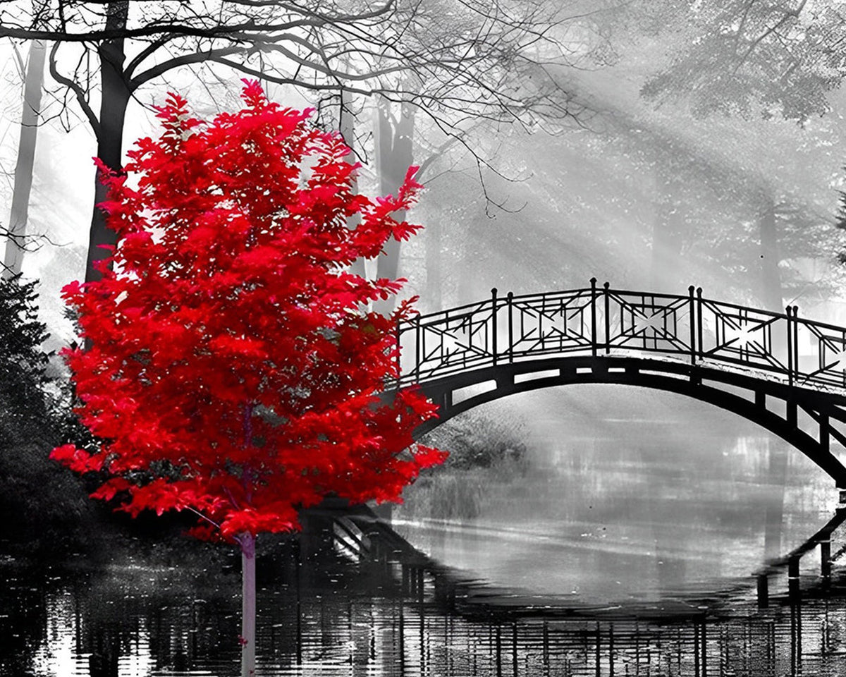 Red tree and bridge cross stitch kit for beginners