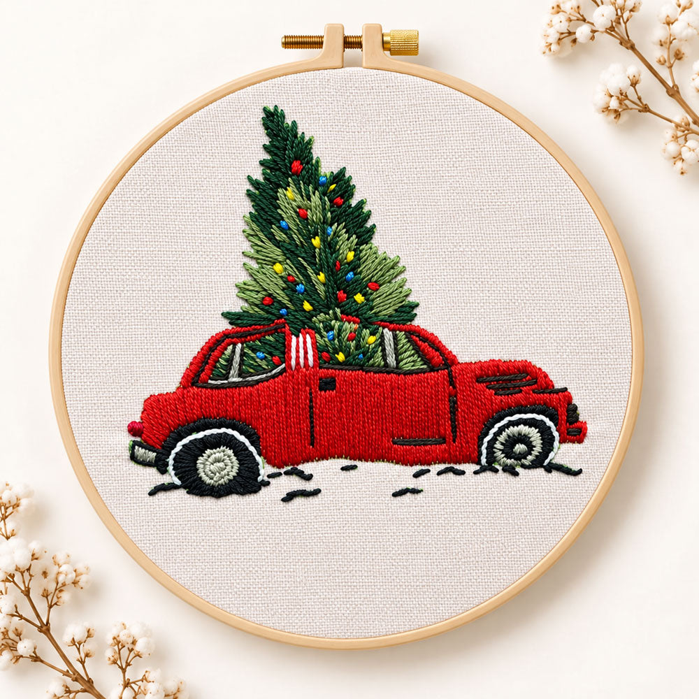 Red truck christmas tree embroidery kit
