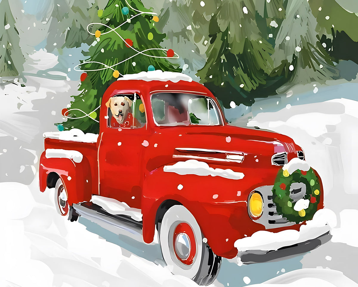 Red truck with christmas tree cross stitch kit for beginners