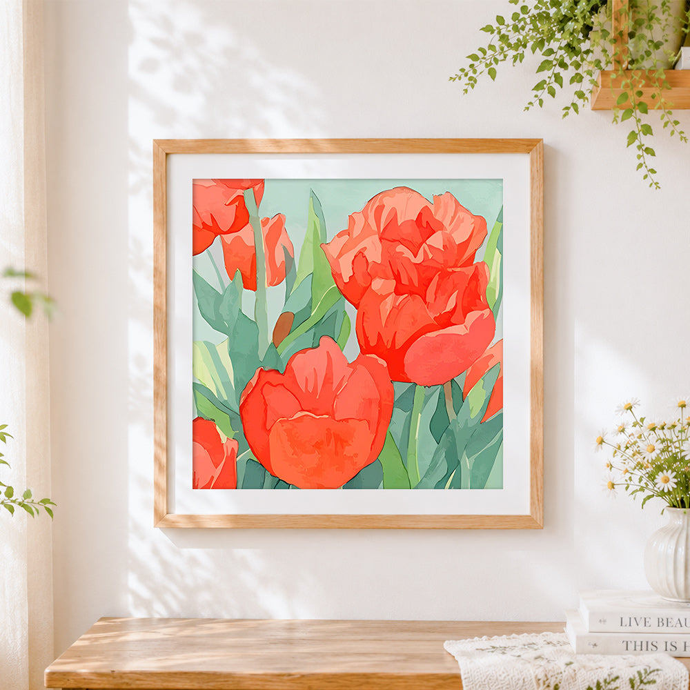 Finished red tulip illustration paint by numbers artwork displayed as home decor
