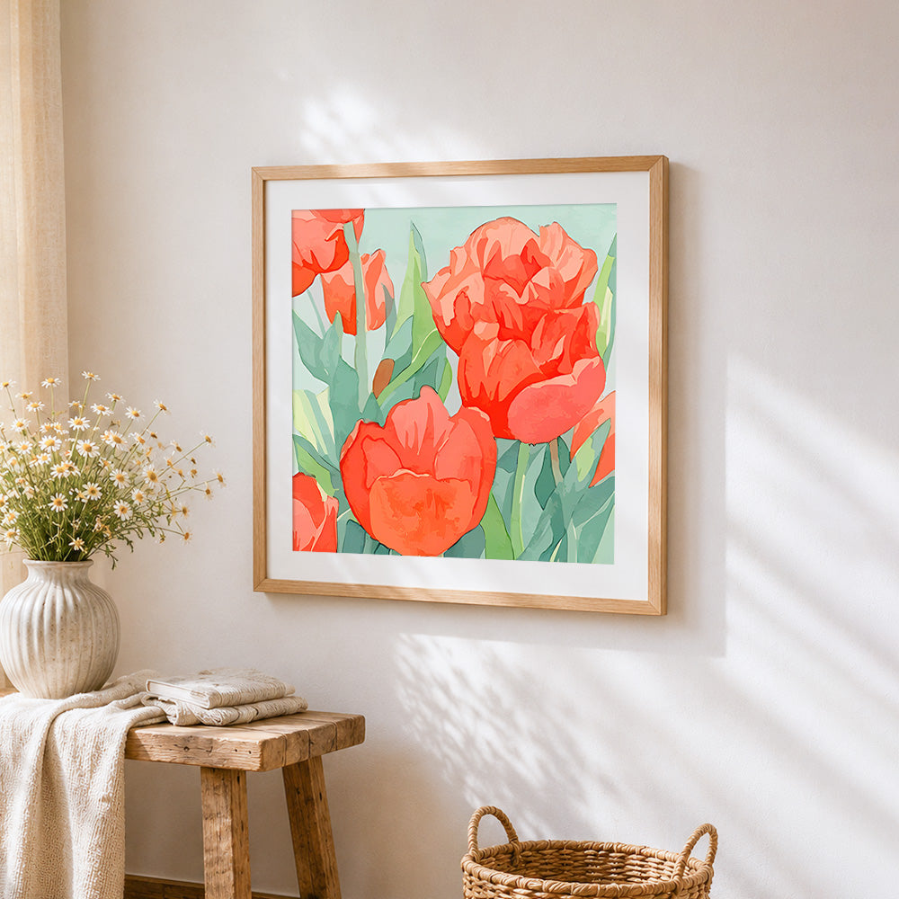 Red tulip illustration paint by numbers artwork displayed on wall as home decor