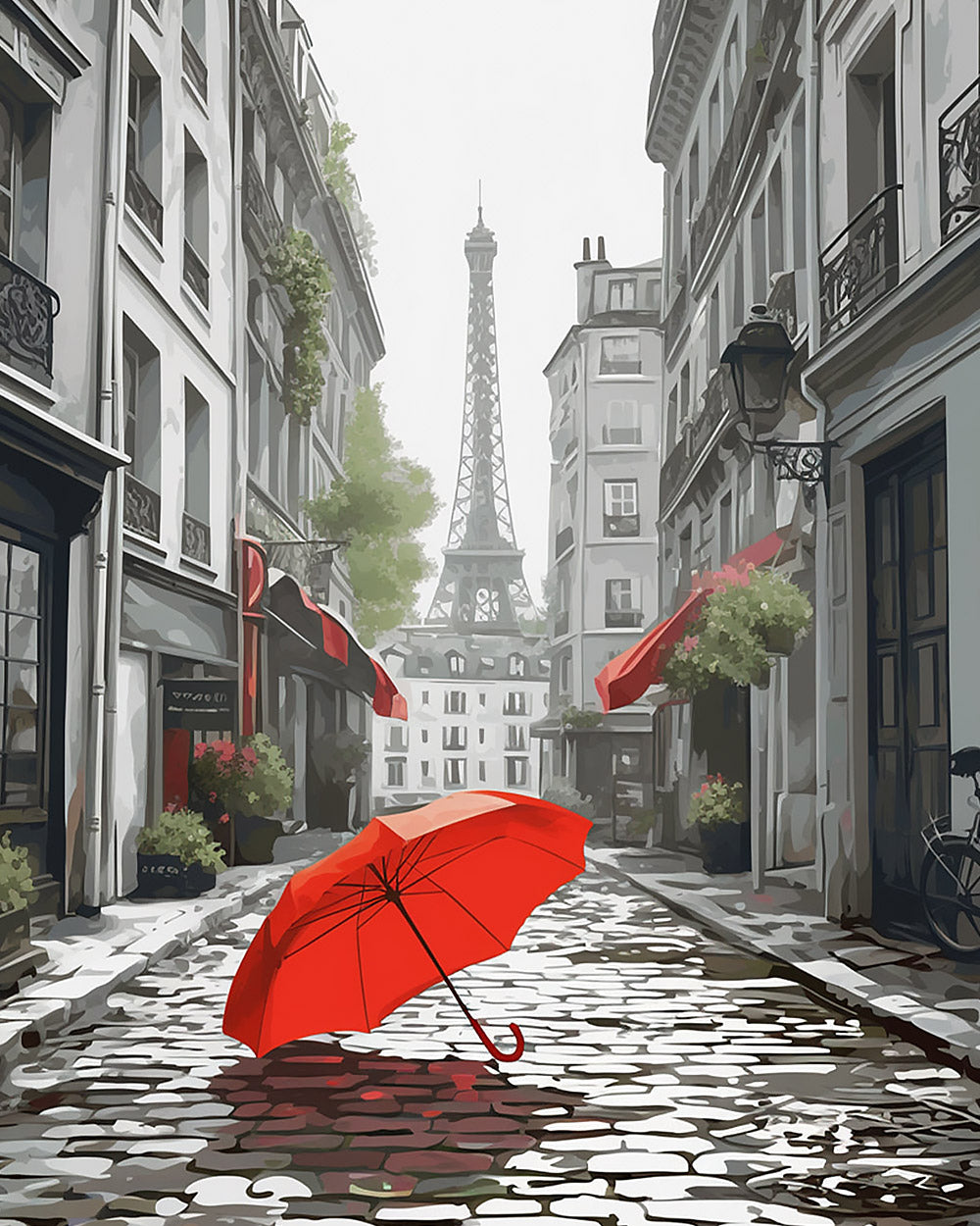 Red umbrella in a parisian street cross stitch kit for beginners