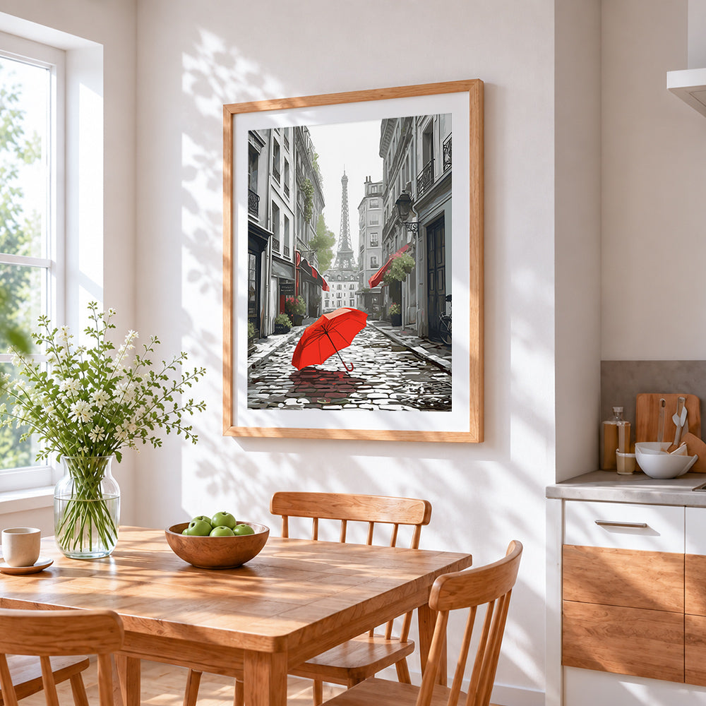 Red umbrella in a parisian street cross stitch artwork displayed on wall as home decor