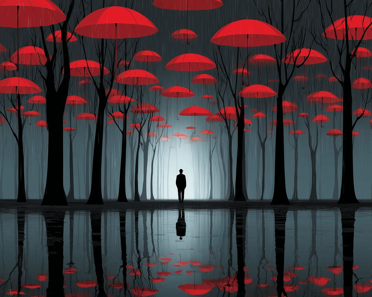 Red umbrella rainforest and solitary pedestrian cross stitch kit for beginners