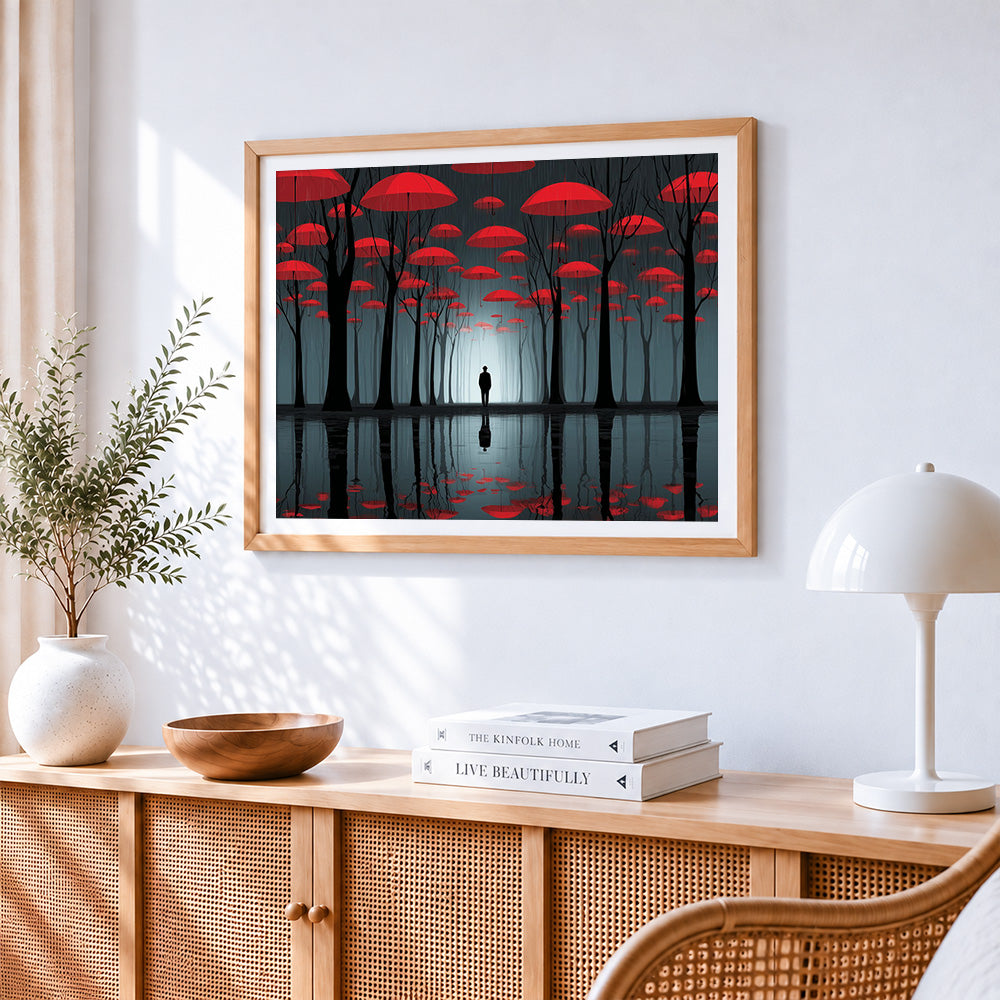 Red umbrella rainforest and solitary pedestrian paint by numbers artwork displayed on wall as home decor