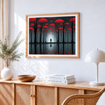 Red umbrella rainforest and solitary pedestrian paint by numbers artwork displayed on wall as home decor