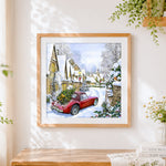 Finished red vintage car with christmas tree in snow cross stitch artwork displayed