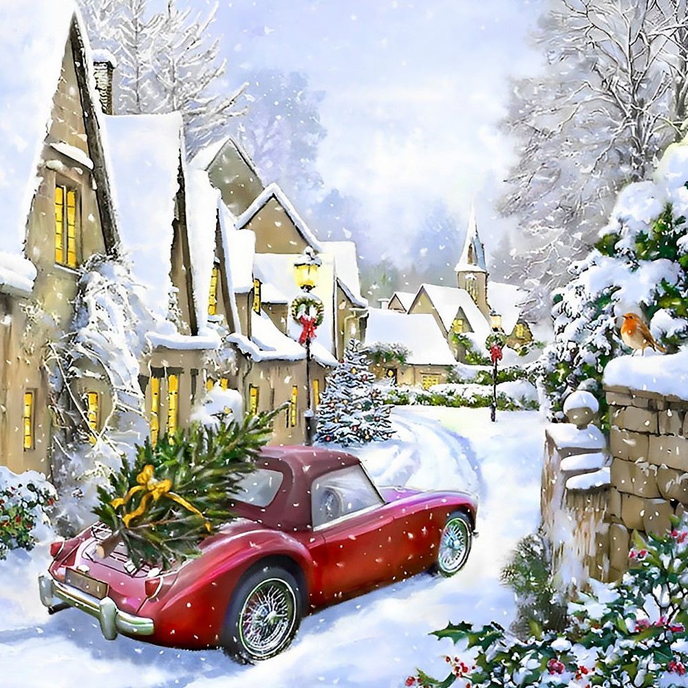 Red vintage car with christmas tree in snow paint by numbers kit for beginners