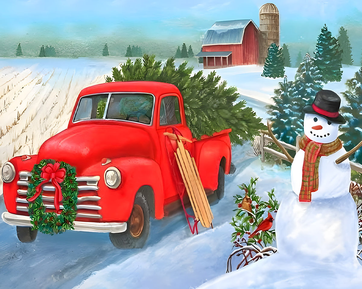 Red vintage truck and snowman with christmas tree cross stitch kit for beginners