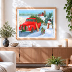 Finished red vintage truck and snowman with christmas tree paint by numbers artwork displayed as home decor