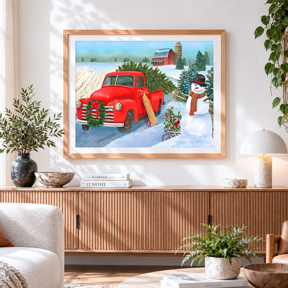 Finished red vintage truck and snowman with christmas tree paint by numbers artwork displayed as home decor