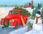 Red vintage truck and snowman with christmas tree paint by numbers kit for beginners