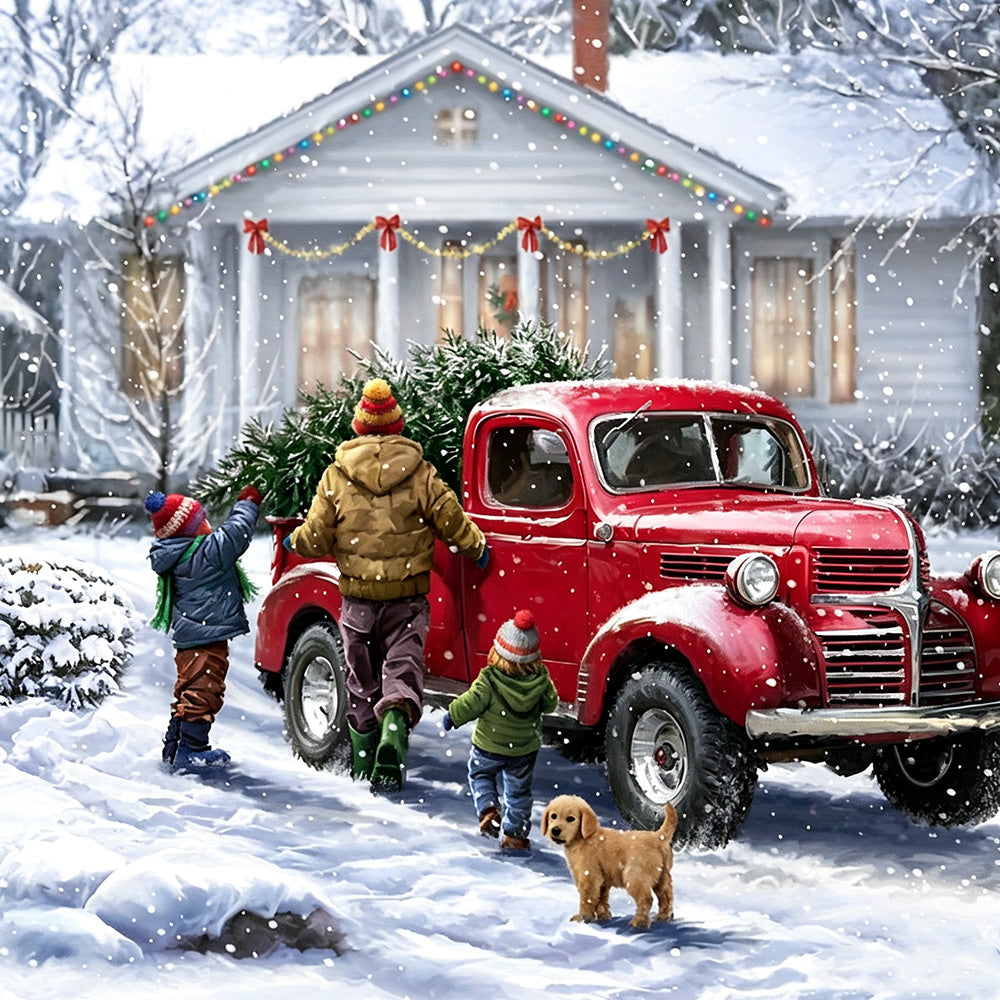 Red vintage truck with christmas tree cross stitch kit for beginners
