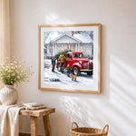 Red vintage truck with christmas tree cross stitch artwork displayed on wall as home decor