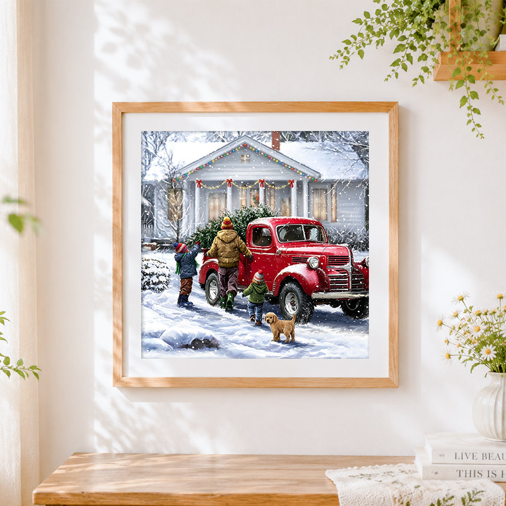 Finished red vintage truck with christmas tree paint by numbers artwork displayed as home decor
